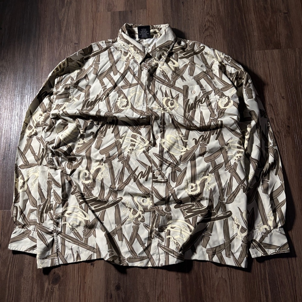FUBU Mens‎ XL Dragon Bamboo Print Button Up Shirt Short Sleeve Casual